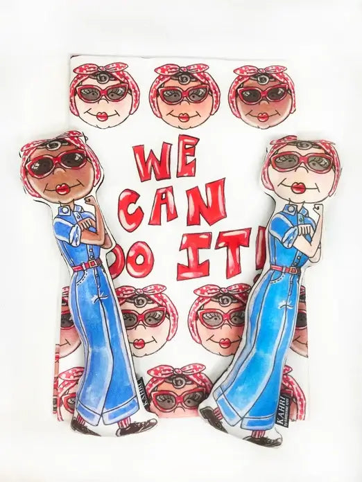 2 stylized women in blue outfits and sunglasses, surrounded by smaller versions of themselves, with the text 'WE CAN DO IT' on a white background.