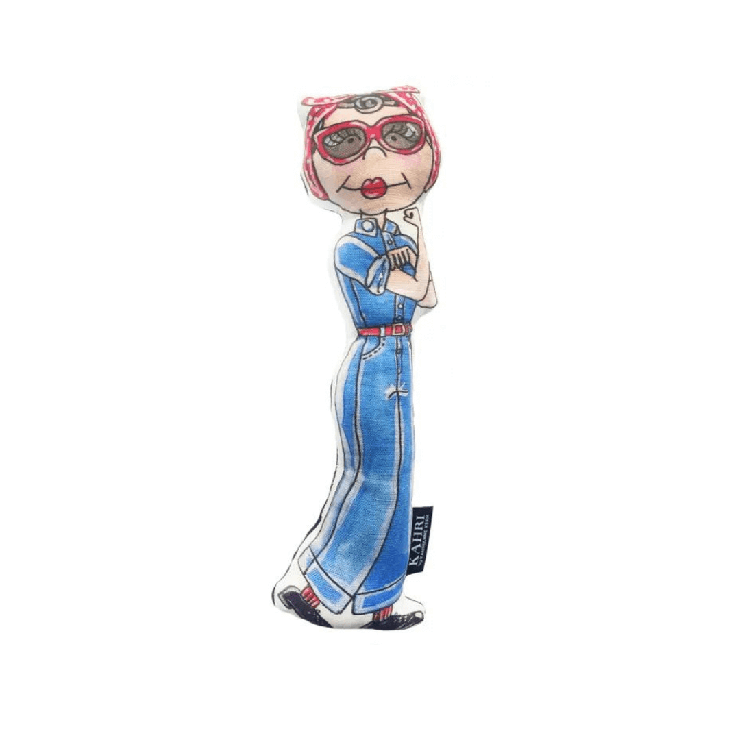 Toy figure of a character wearing sunglasses and a denim outfit on a white background