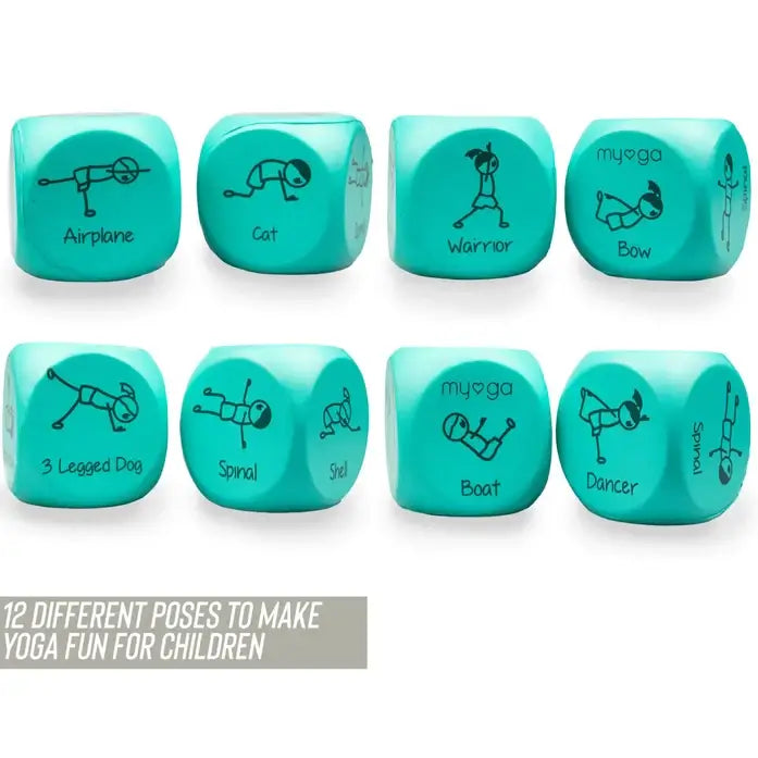 Set of turquoise dice with yoga poses on a white background