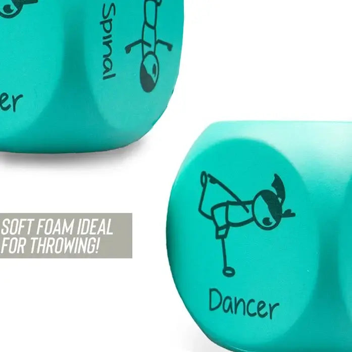 Two turquoise foam dice with illustrations and text on a white background