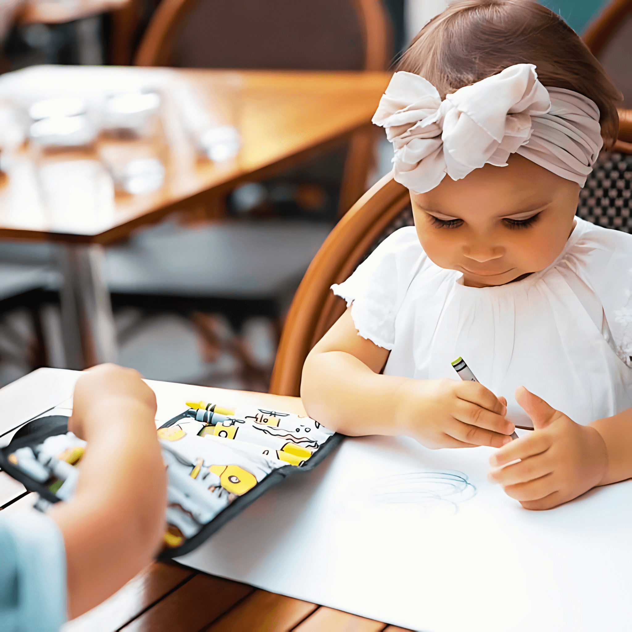 Child drawing with crayons at a table in a restaurant setting