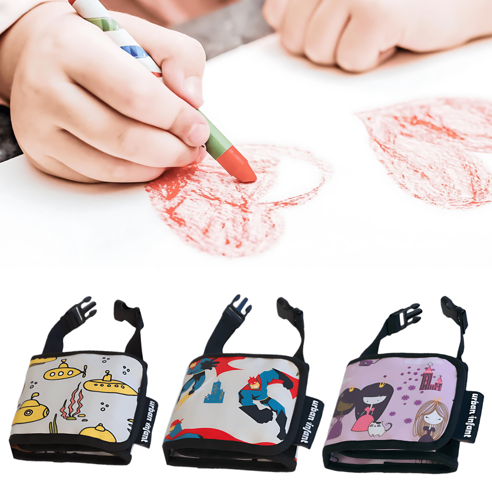Children's hand holding a crayon with three colorful compact crayon wallets featuring cartoon designs on a white background.