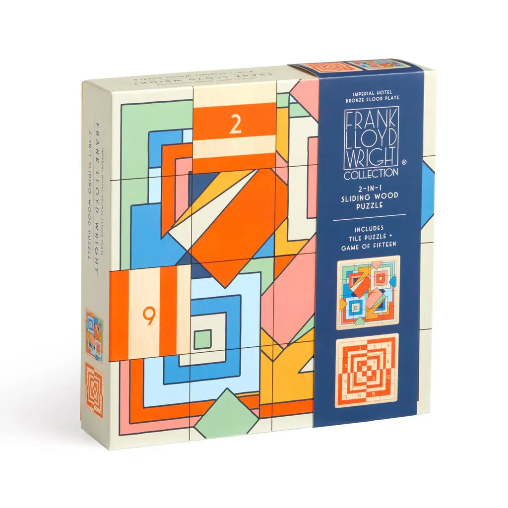 Colorful geometric sliding tile puzzle packaging with Frank Lloyd Wright branding.