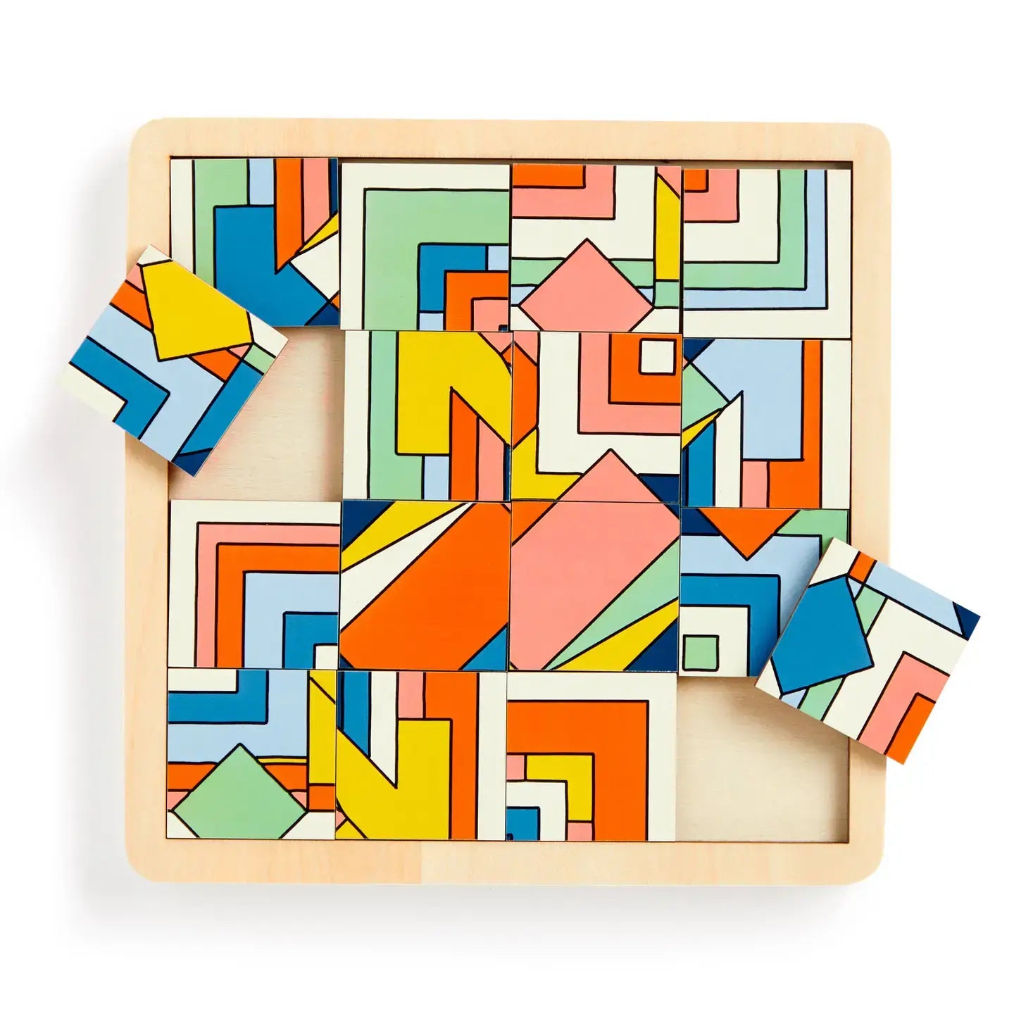 Colorful geometric wooden puzzle on a white background