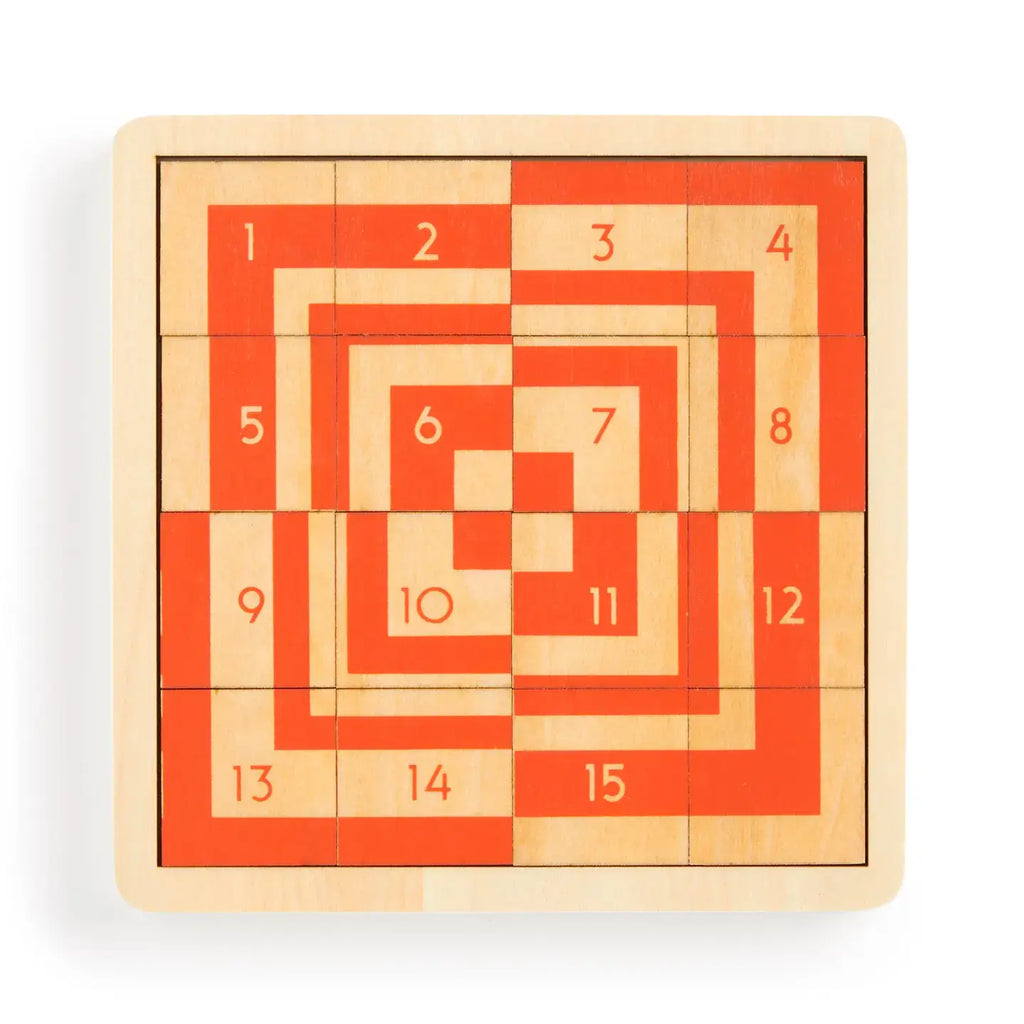 Wooden puzzle with numbered squares on a white background