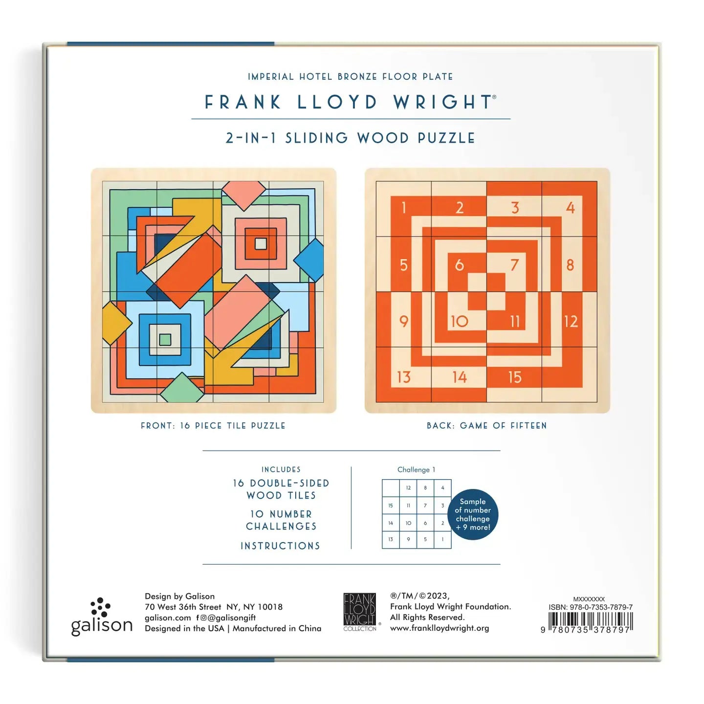 Wooden puzzle packaging with geometric designs on a white background