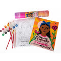 Coloring book with illustrations and paint supplies on a white background