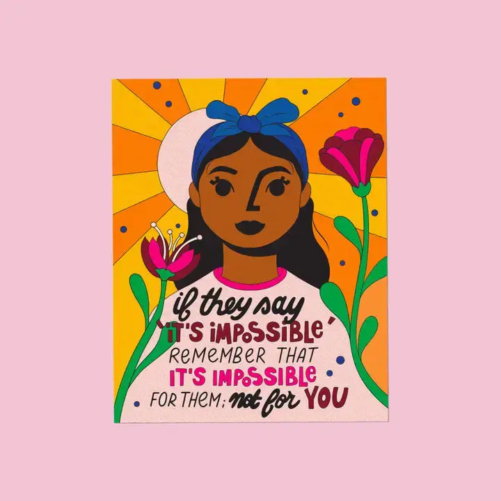 Illustration of a girl with flowers and motivational quote on a pink background