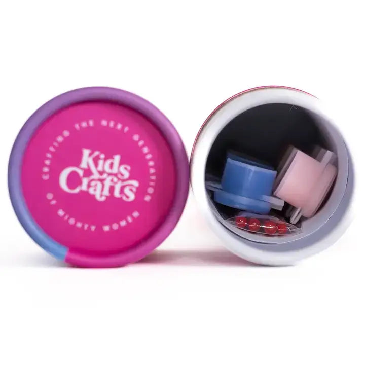 Pink lid with 'Kids Crafts' text and supplies inside on a white background