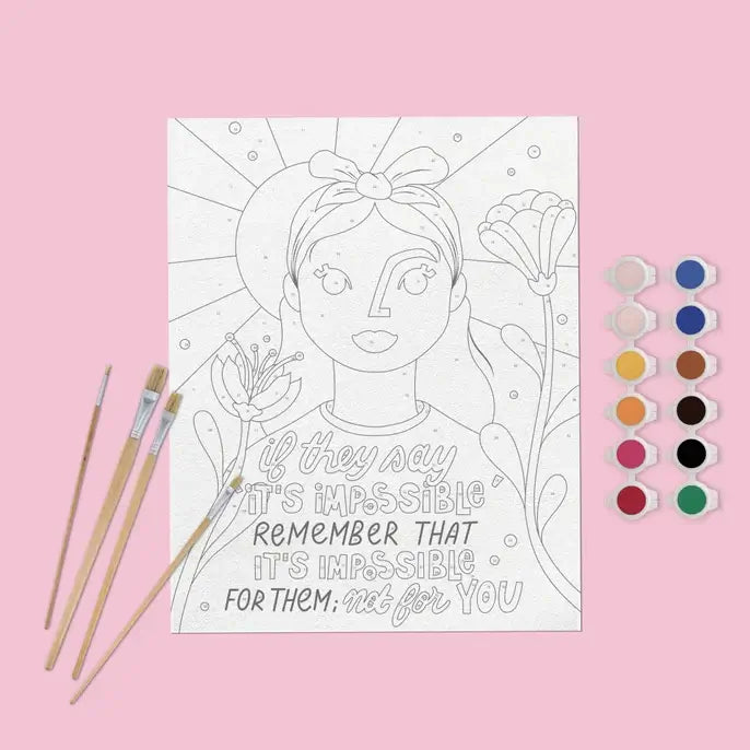 Coloring page with a girl and motivational quote, brushes, and watercolors on a pink background