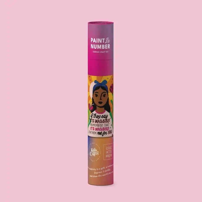 Paint by Number craft kit tube with colorful design on a pink background