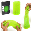 Green fidget toy with packaging and hands interacting with the toy on a white background