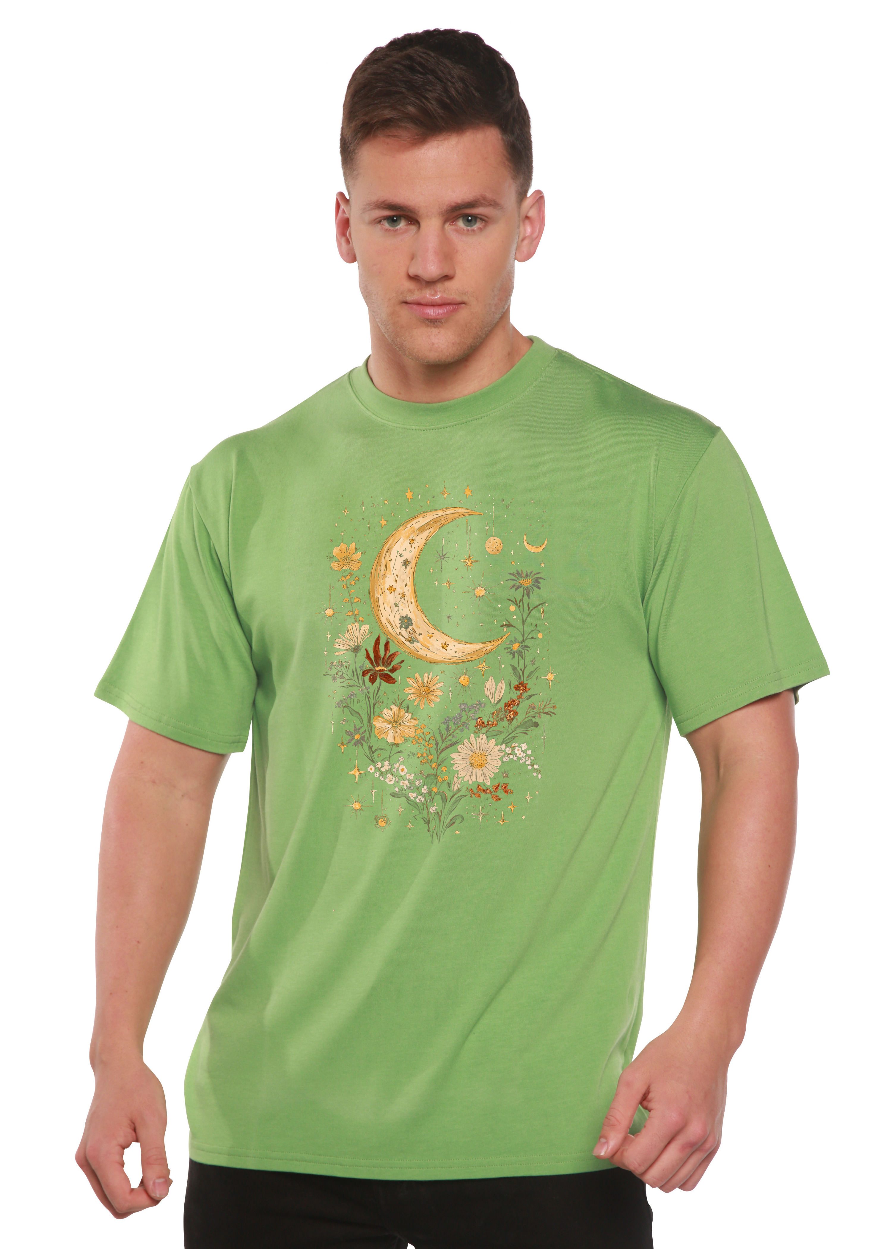 Person wearing a green t-shirt with a moon and floral design on a white background
