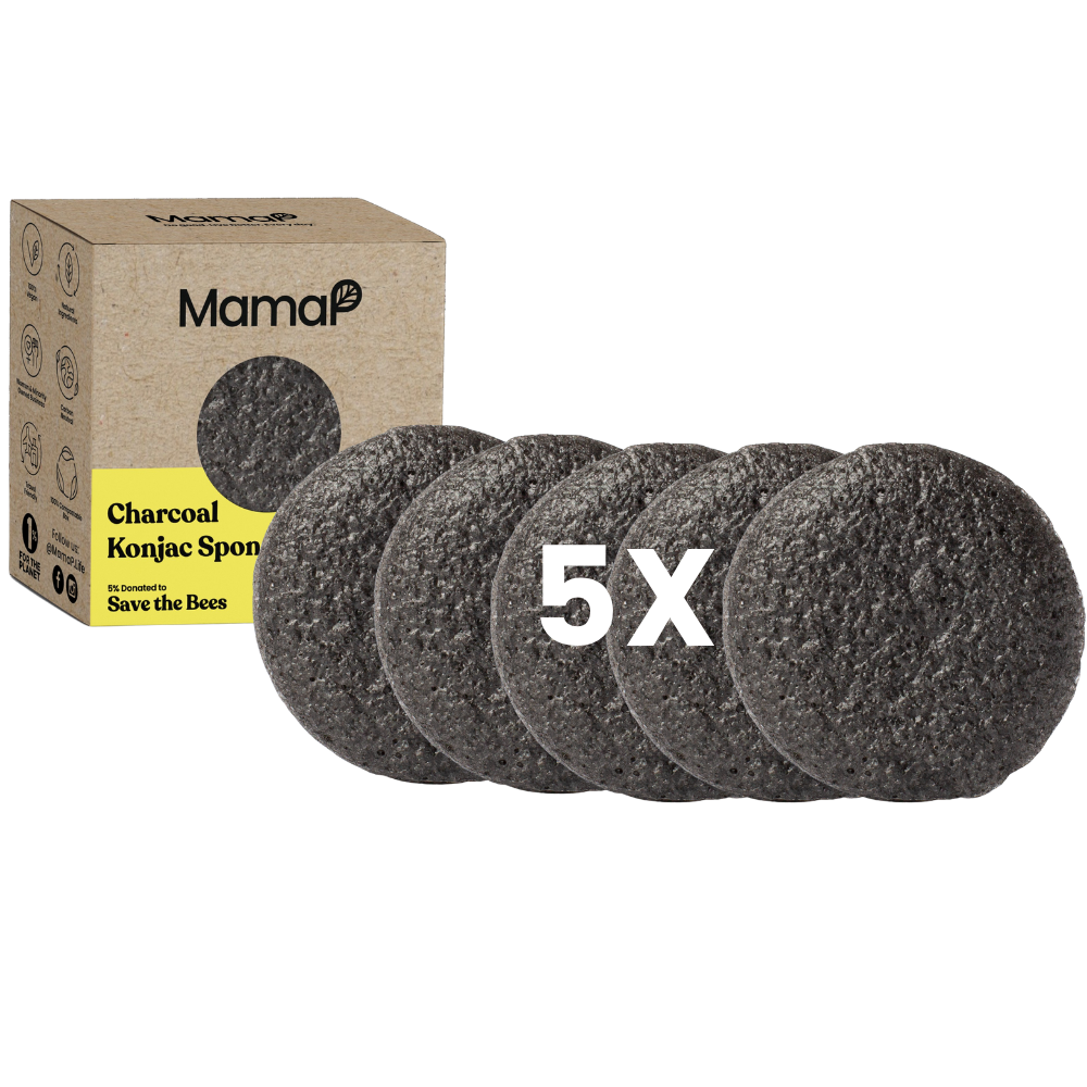 Set of charcoal konjac sponges with packaging labeled 'MamaP' on a white background