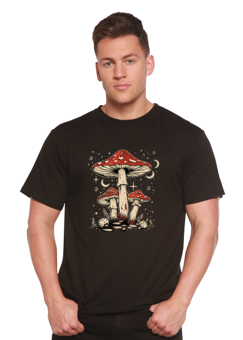 Person wearing a black t-shirt with a red and white mushroom design on a white background