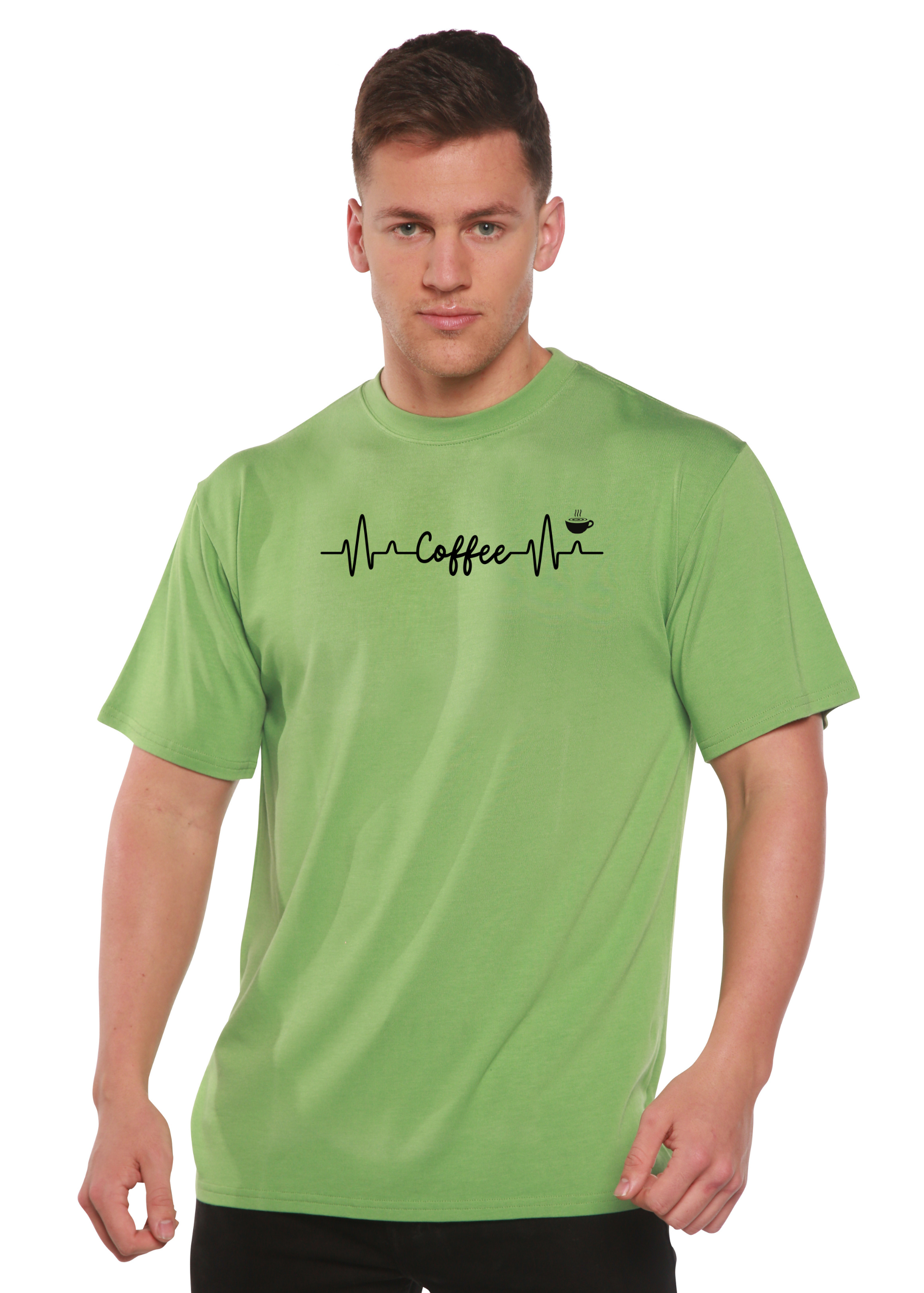 Person wearing a green t-shirt with a coffee-themed design on a white background