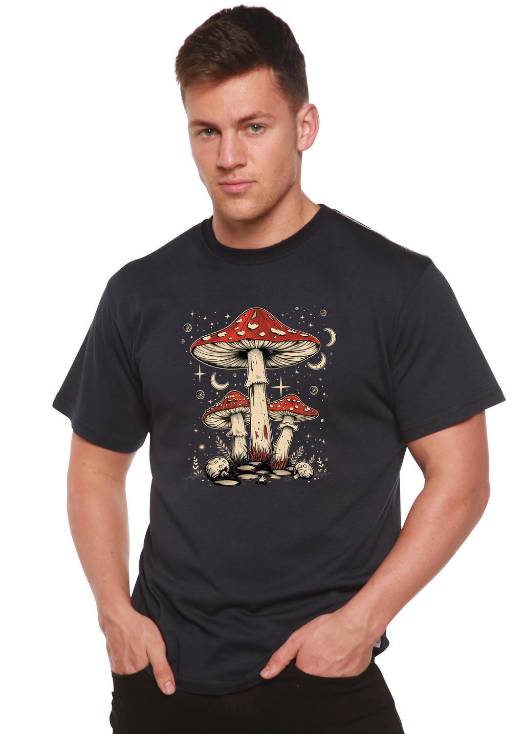 Person wearing a black t-shirt with a red and white mushroom design on a white background