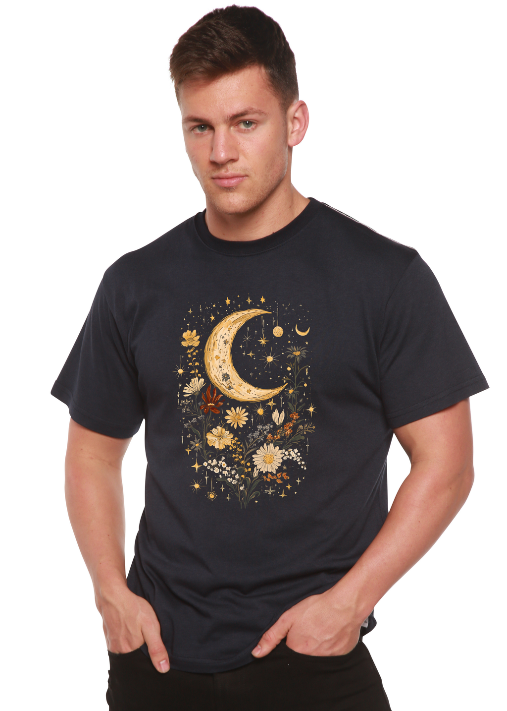 Person wearing a black t-shirt with a celestial design featuring a moon and flowers on a white background.