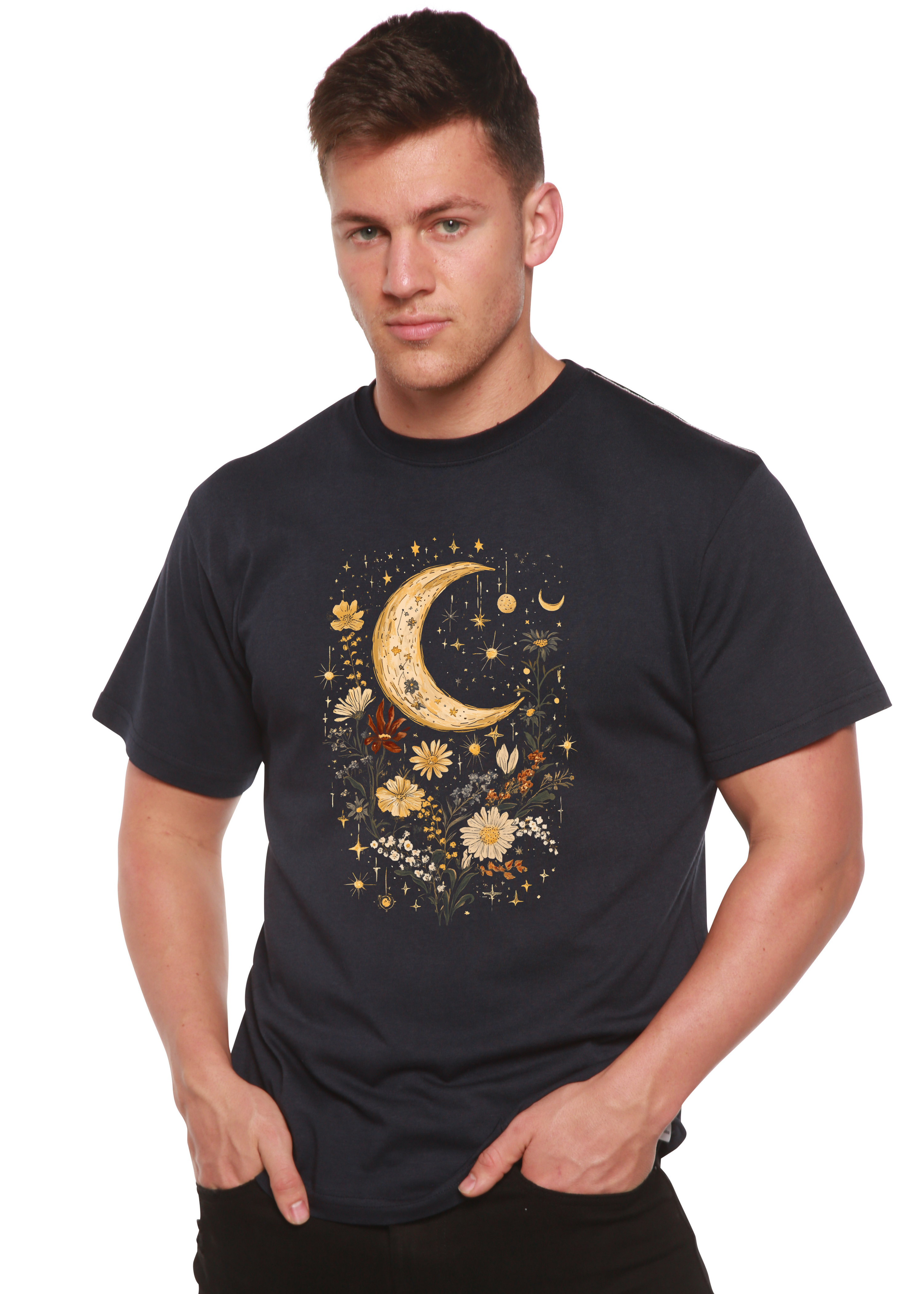 Person wearing a black t-shirt with a celestial design featuring a moon and flowers on a white background.