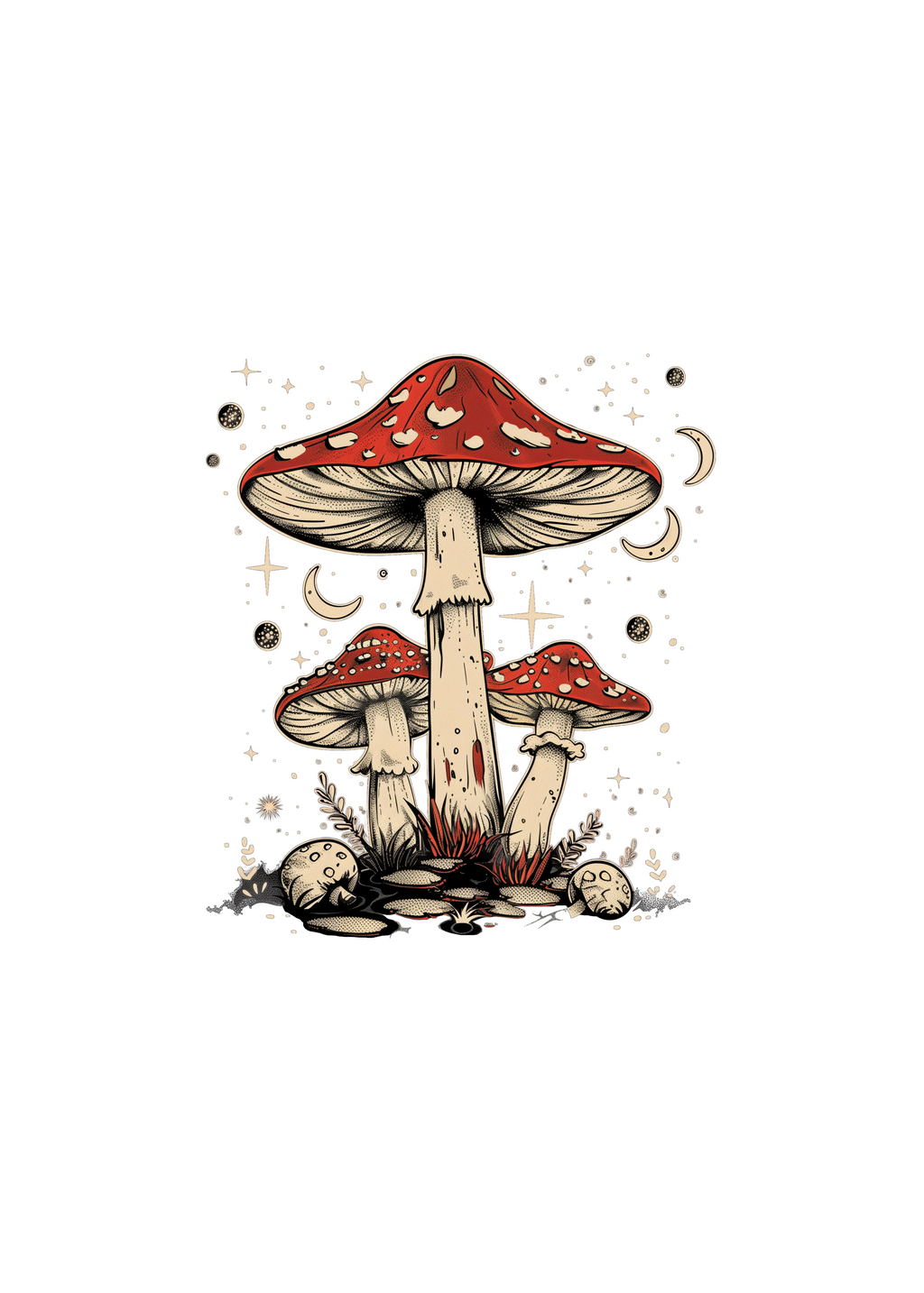 Illustration of red mushrooms with white spots on a white background