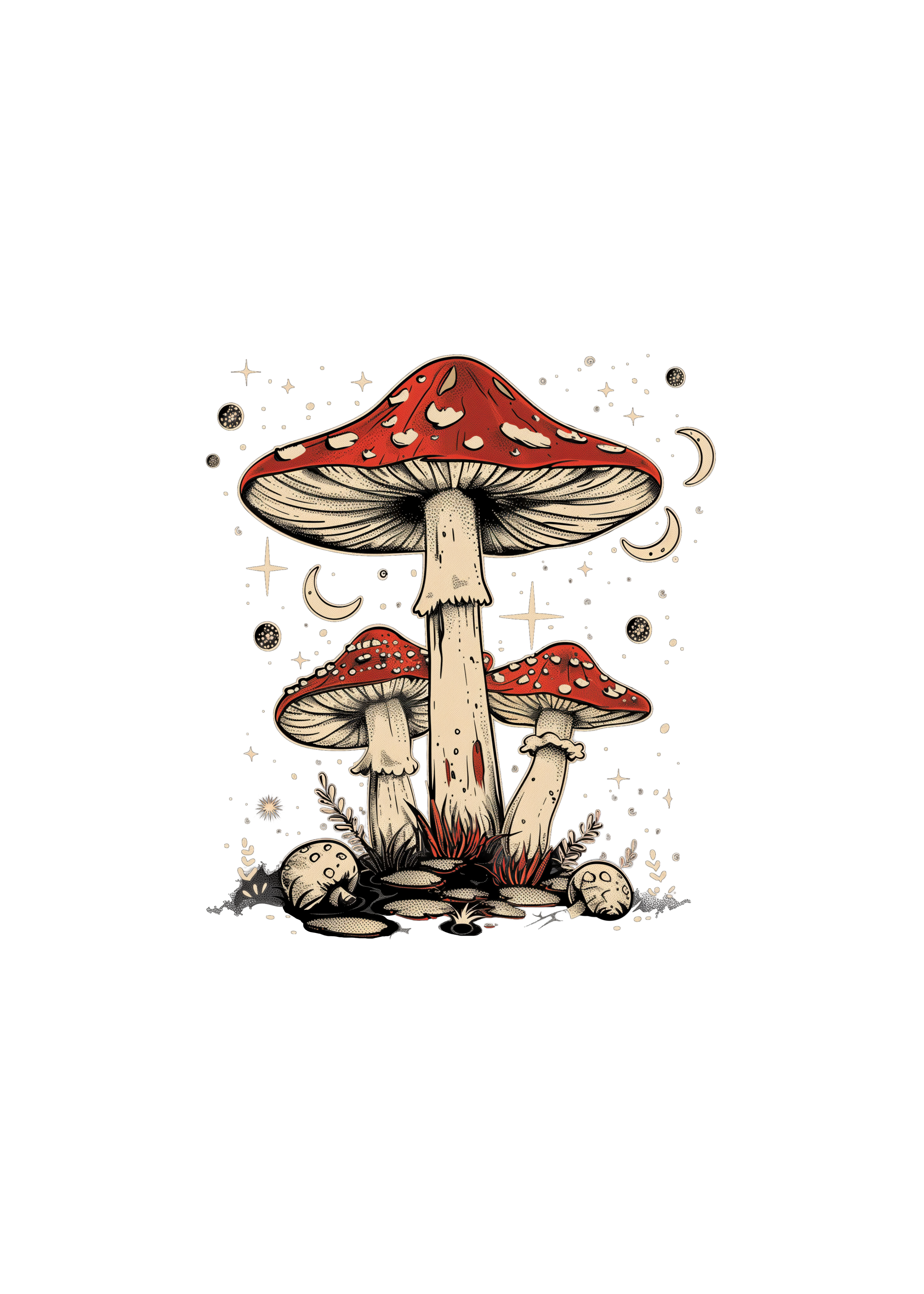 Illustration of red mushrooms with white spots on a white background