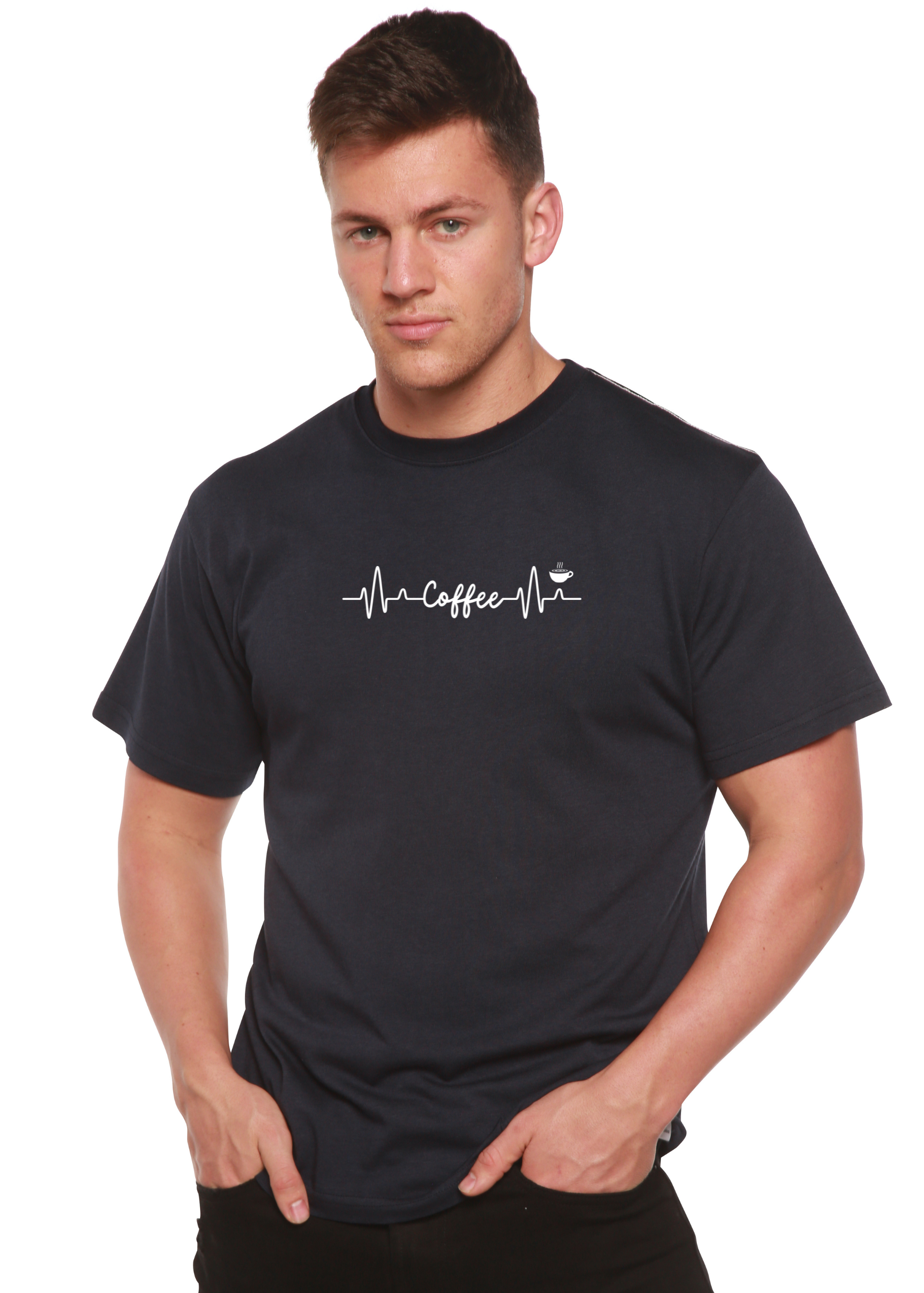 Person wearing a black t-shirt with a white coffee-themed design on a white background