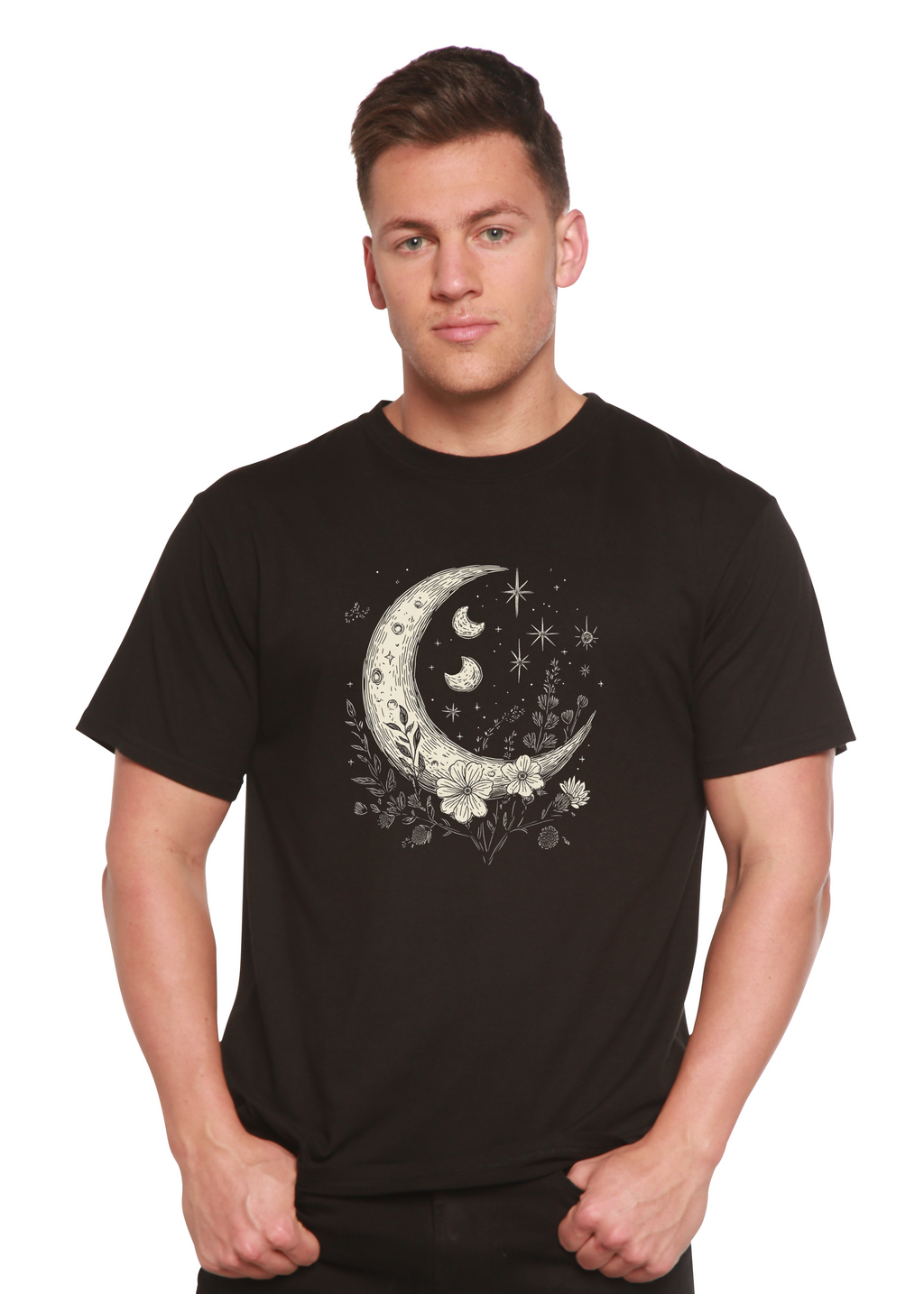 Person wearing a black t-shirt with a moon and star design on a white background