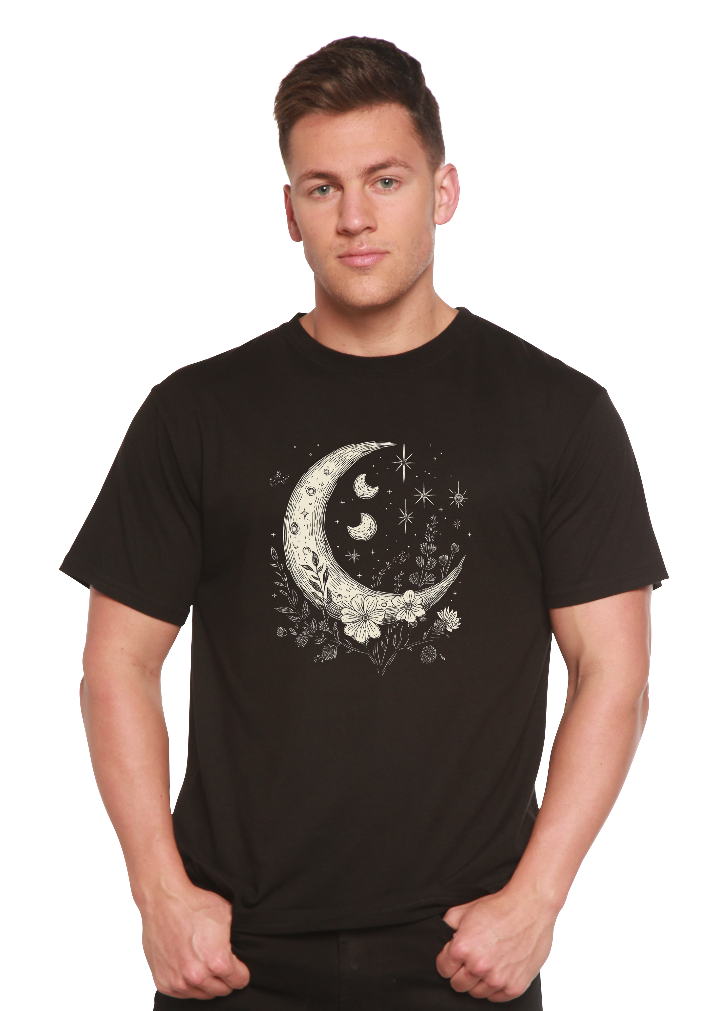 Person wearing a black t-shirt with a moon and star design on a white background
