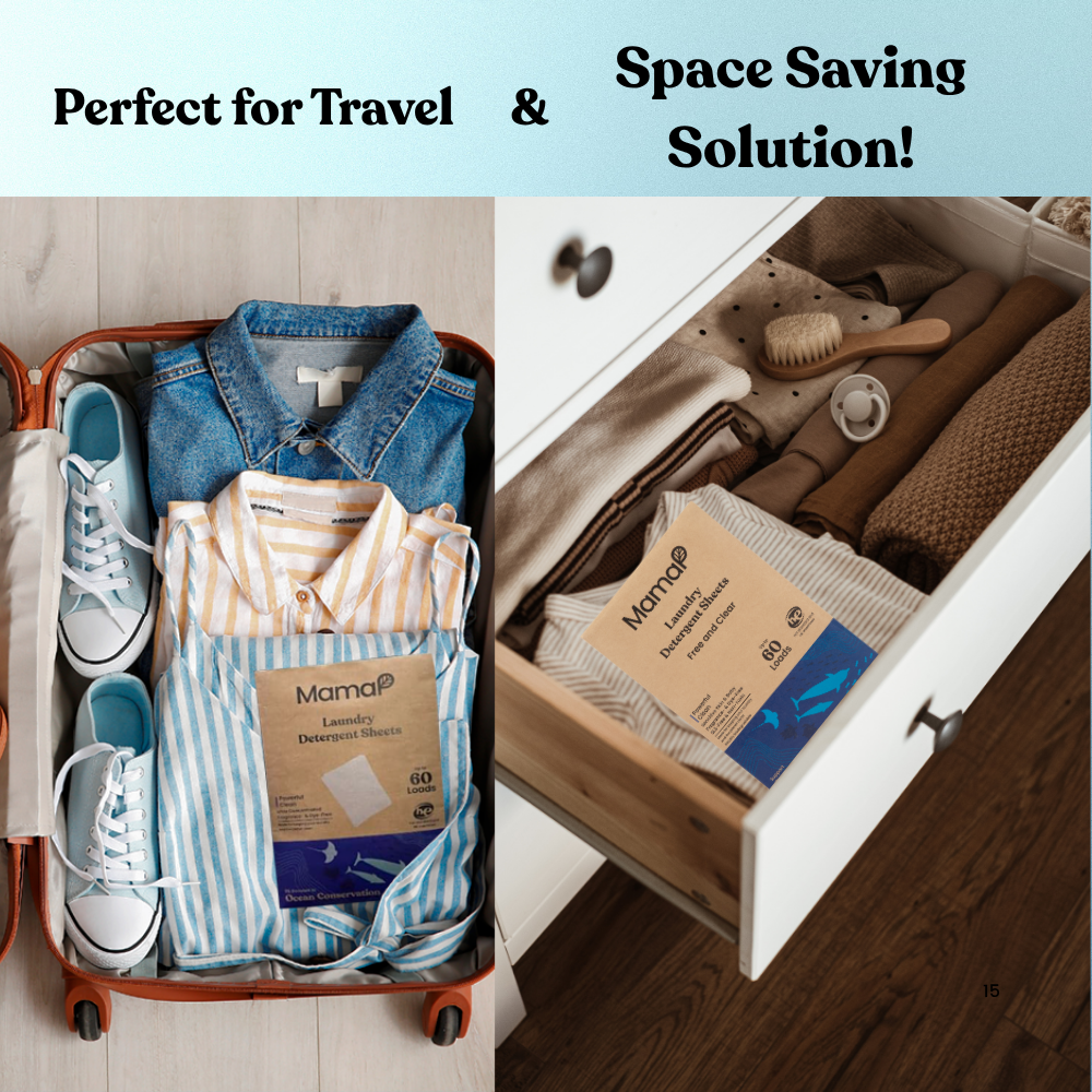 Suitcase with clothes and laundry detergent packets, open drawer with similar items, text 'Perfect for Travel & Space Saving Solution'.