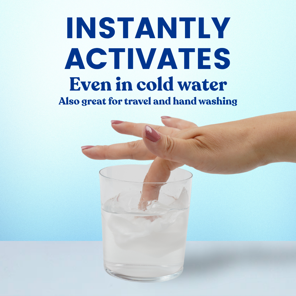 Hand activating laundry detergent in a glass of water with text on a blue background
