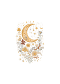 Decorative design with a crescent moon and flowers on a white background