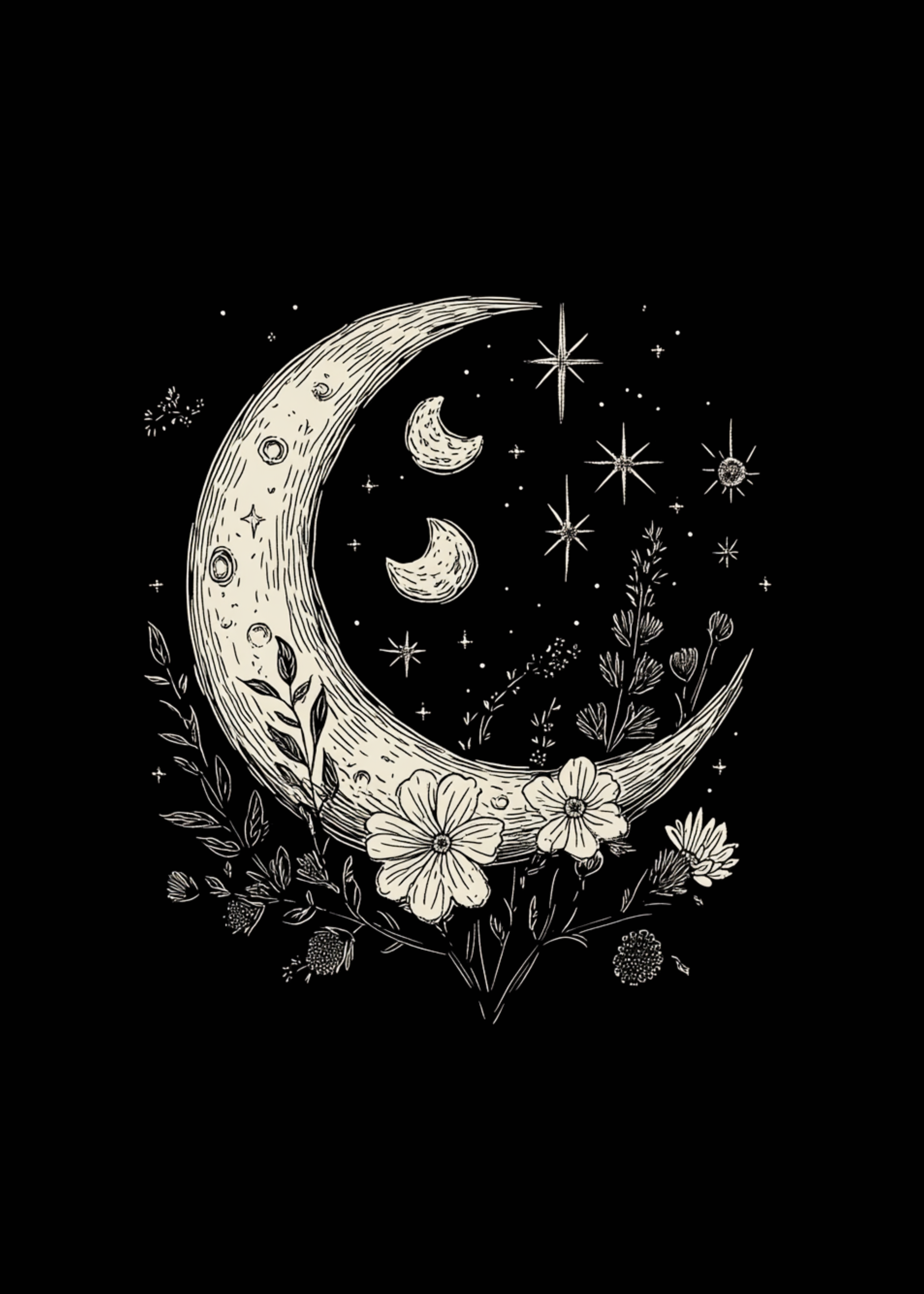Decorative illustration of a crescent moon with stars and flowers on a black background