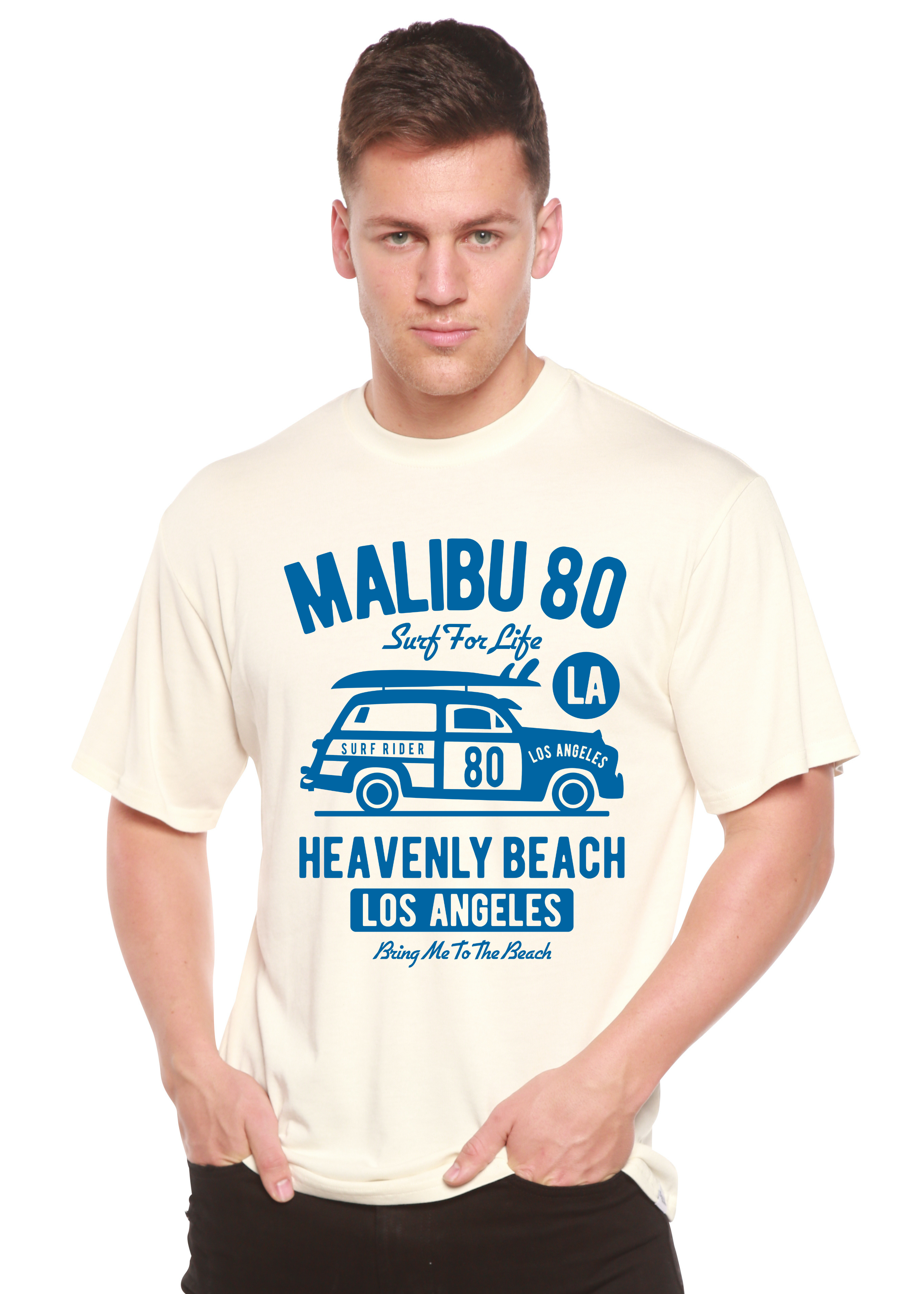 Person wearing a cream t-shirt with blue text and graphics on a white background