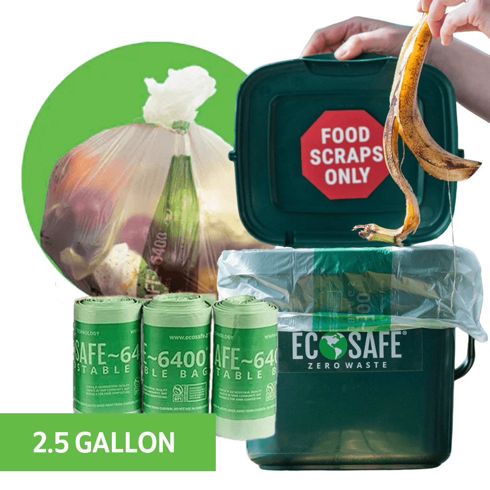 Eco-friendly food waste bin with banana peel, compostable bags, and 'Eco-Safe' branding.