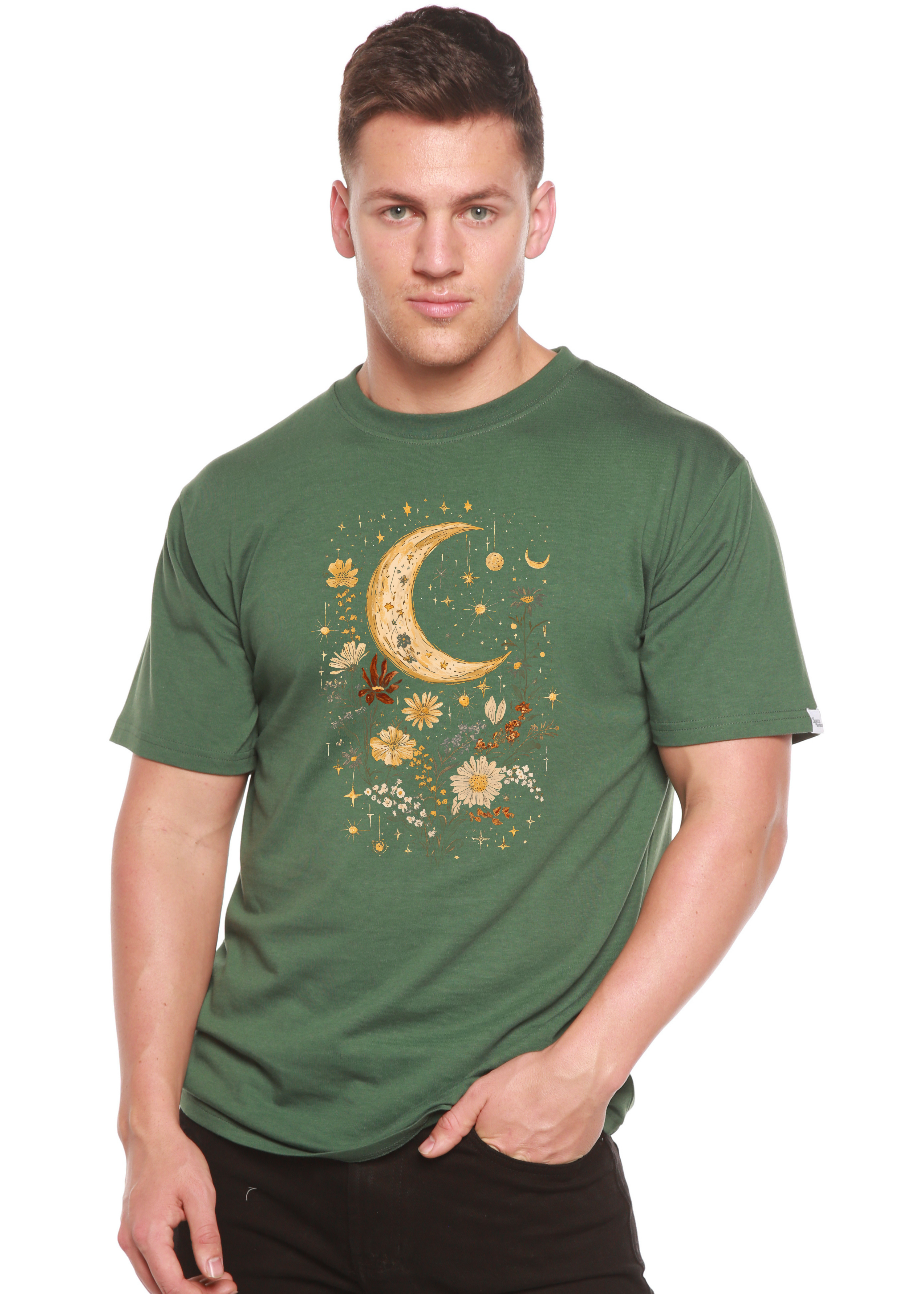 Person wearing a green t-shirt with celestial design on a white background
