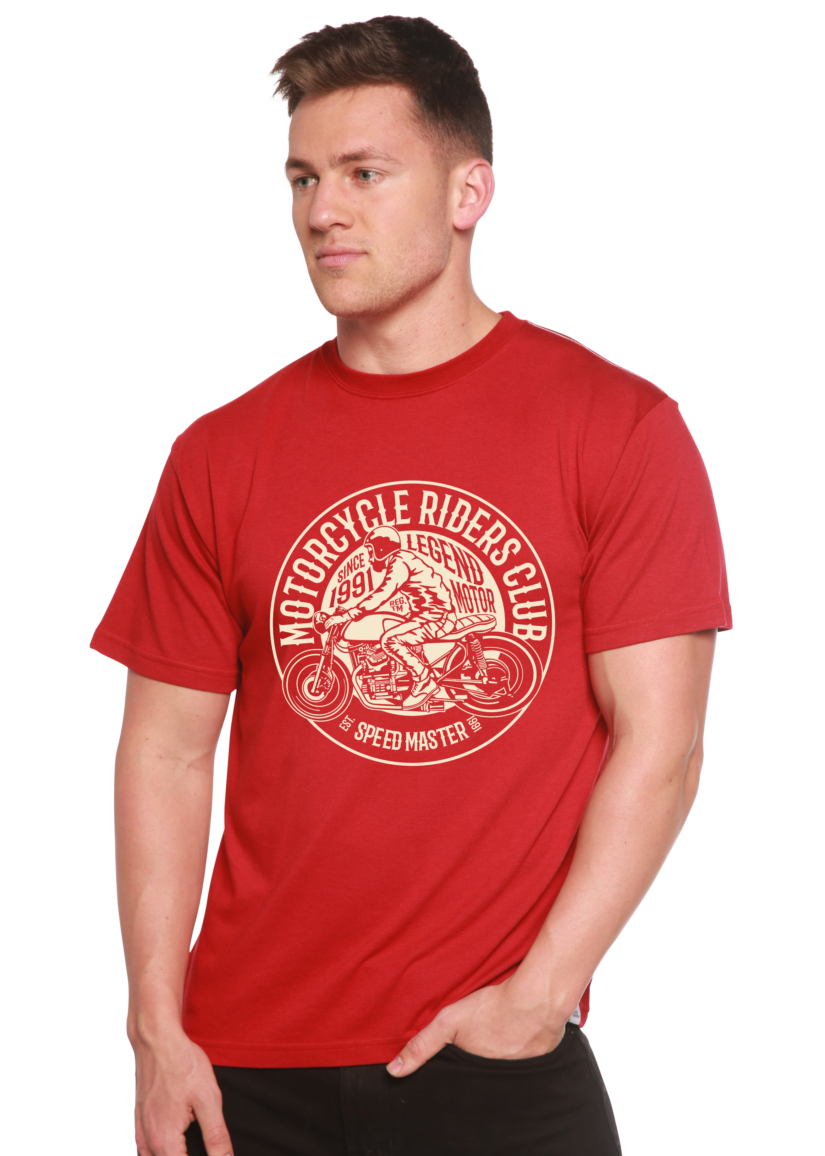Person wearing a red t-shirt with a motorcycle graphic and text on a white background