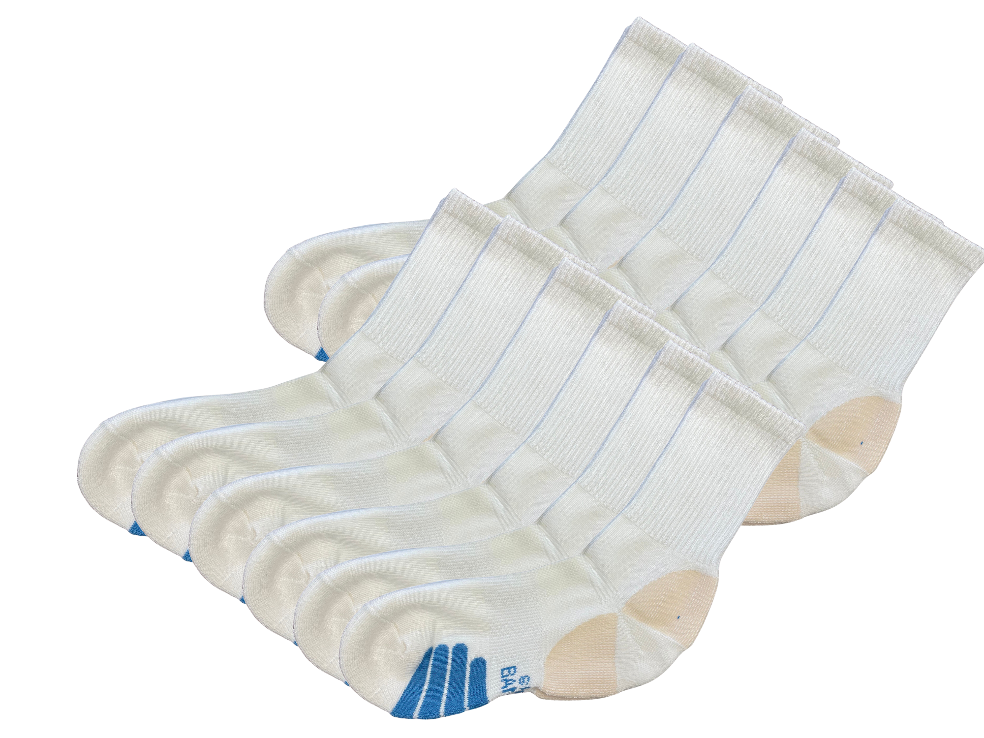 Set of white socks with blue and beige accents on a white background