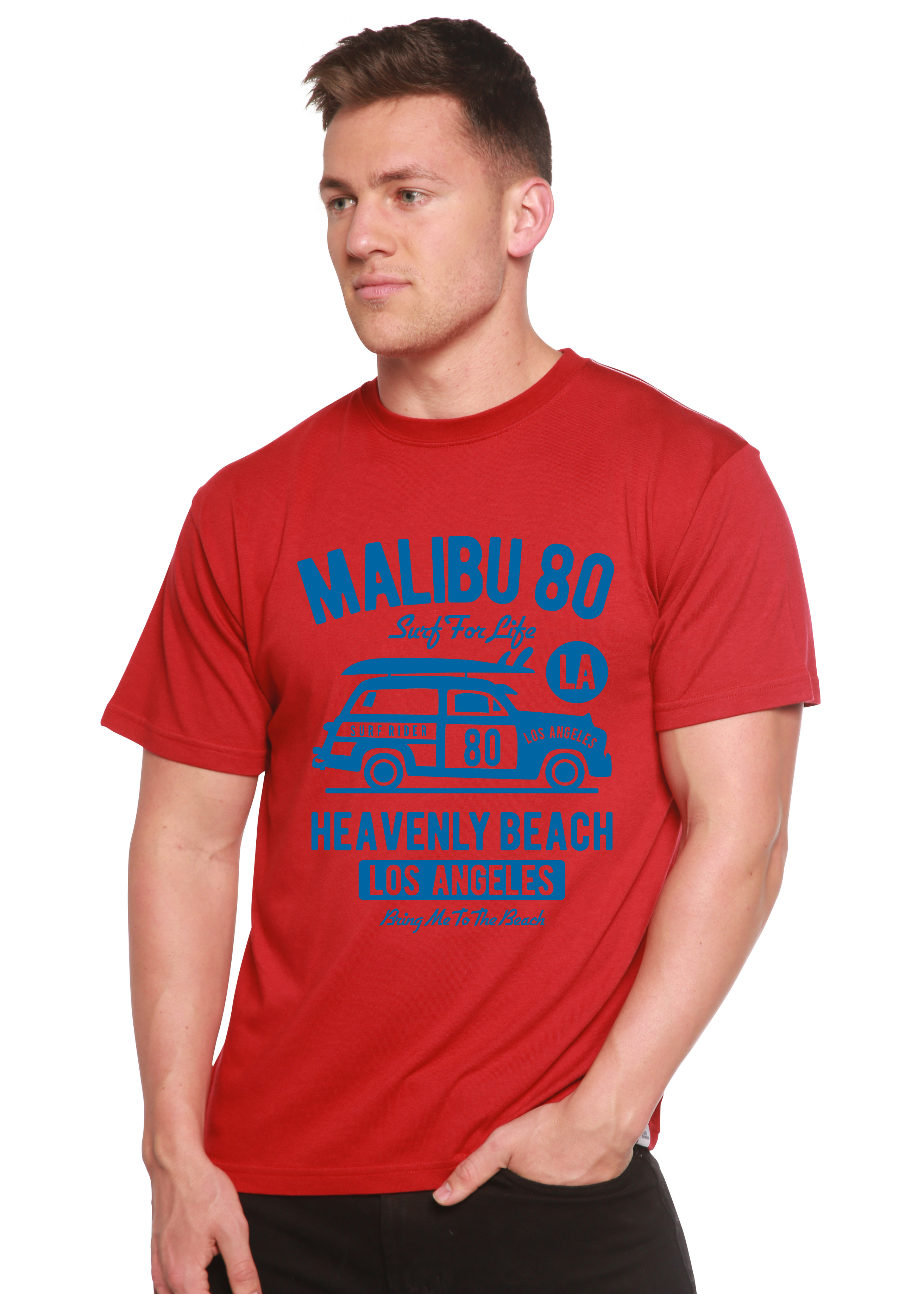 Person wearing a red t-shirt with blue graphic design on a white background