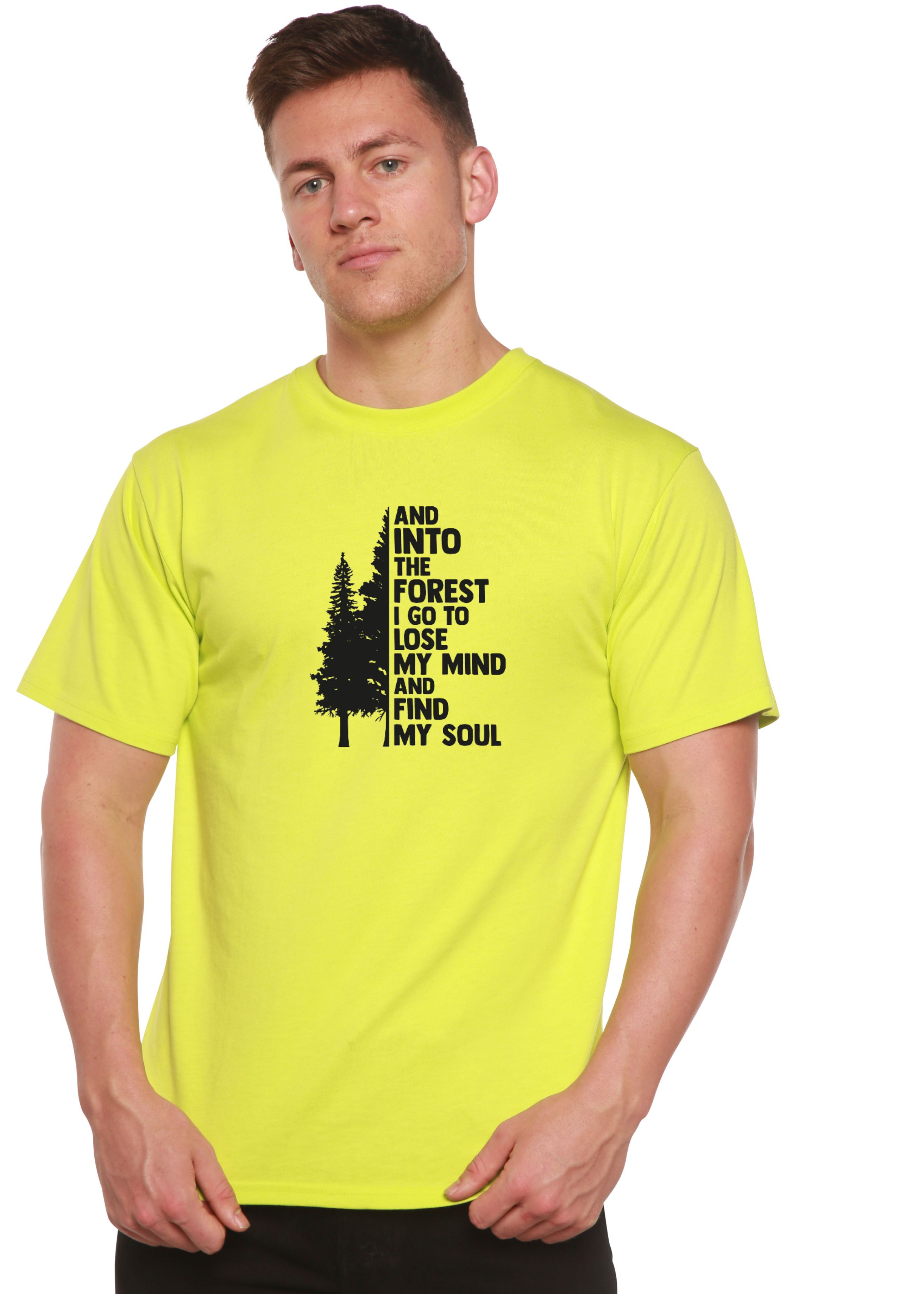 Person wearing a bright yellow t-shirt with a black graphic and text on a white background