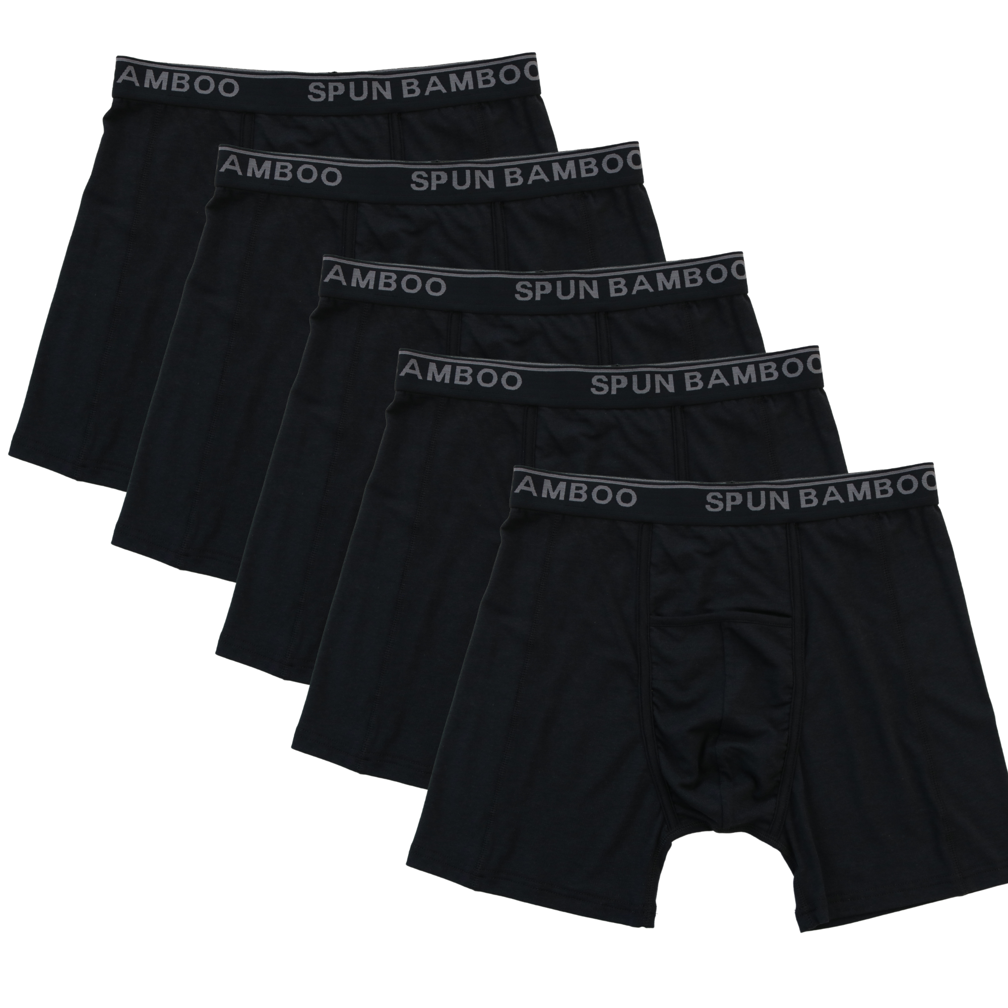Five pairs of black Spun Bamboo boxer briefs on a white background