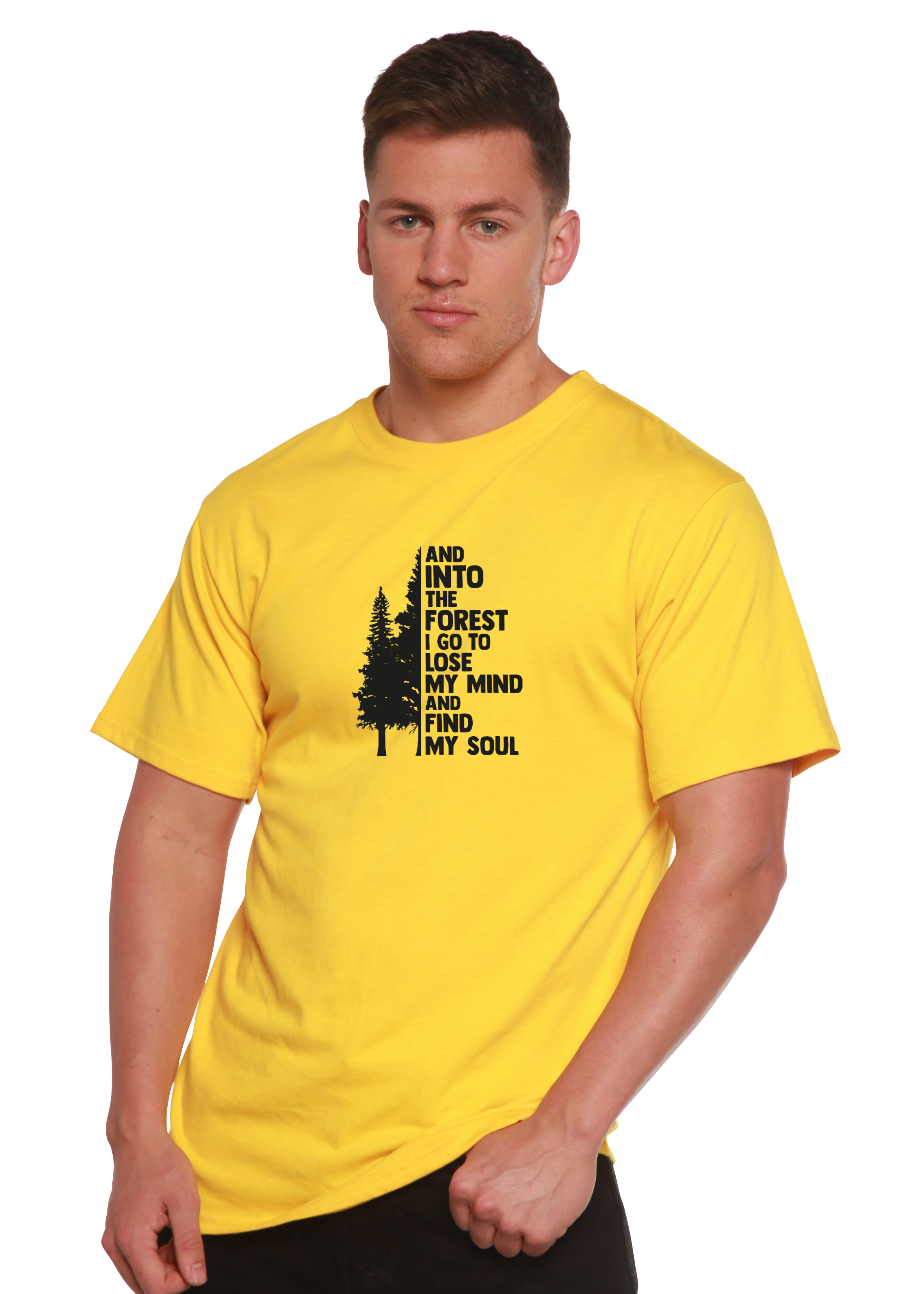 Person wearing a yellow t-shirt with a black graphic and text on a white background