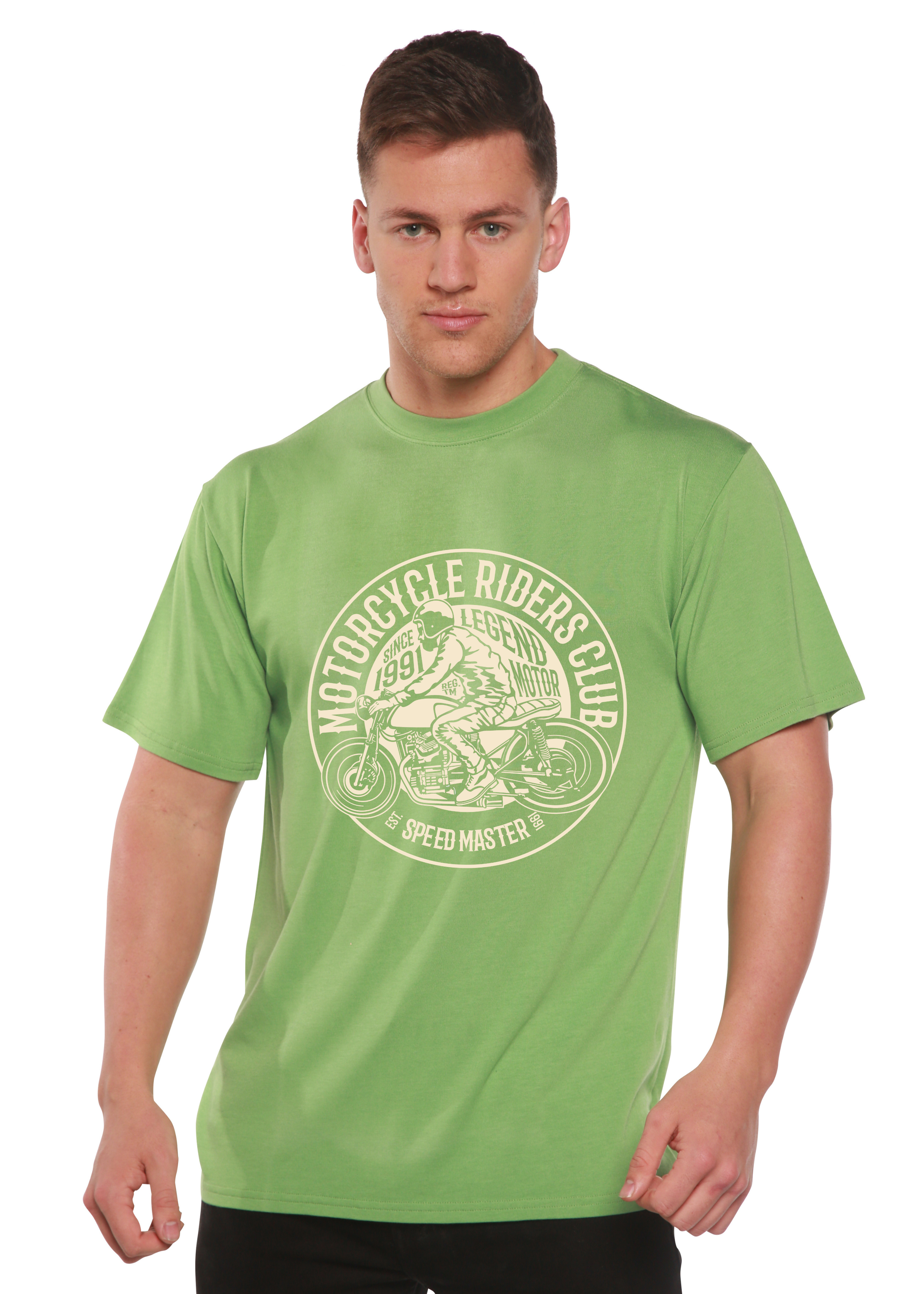 Person wearing a green t-shirt with a motorcycle graphic and text on a white background