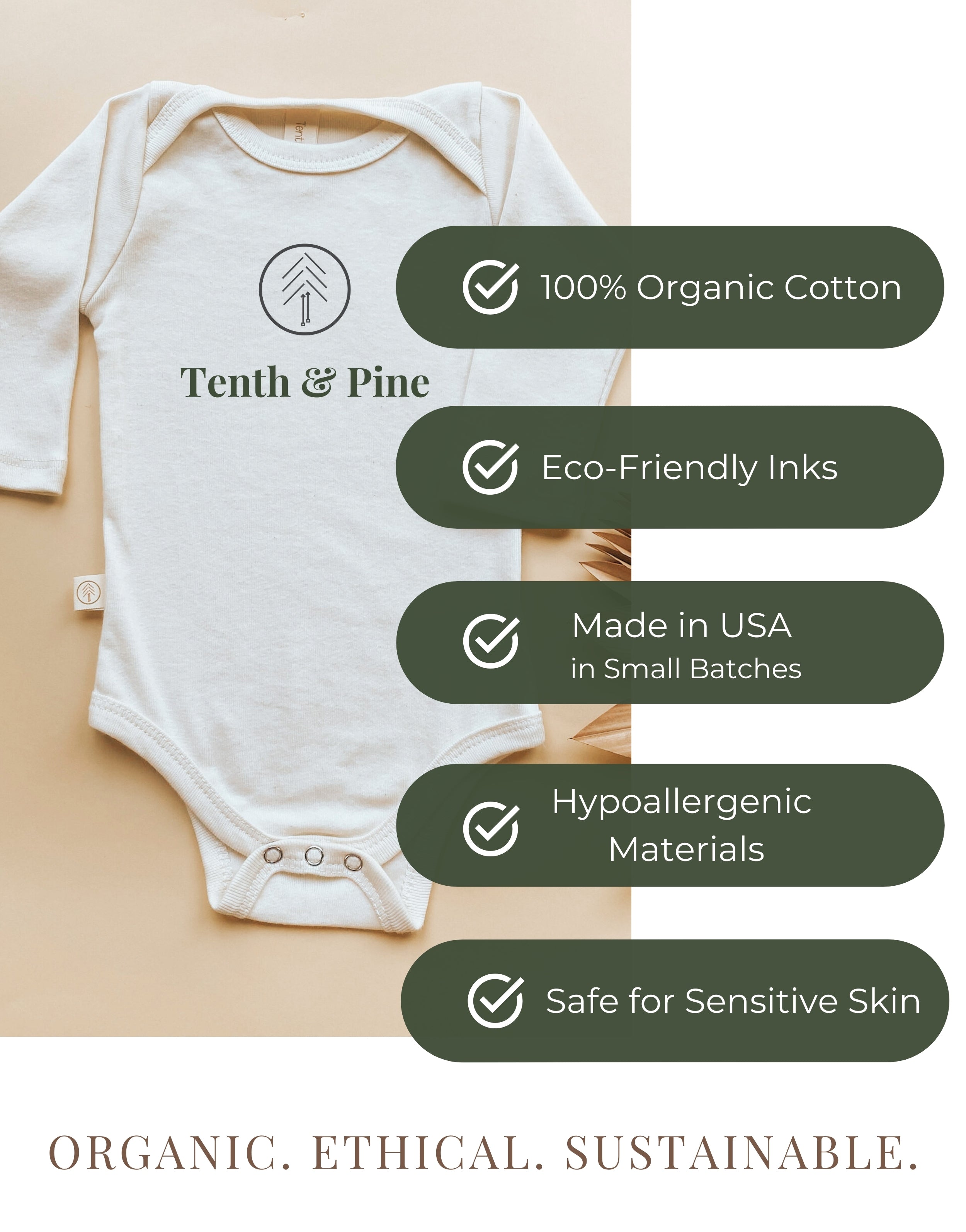 White baby onesie with Tenth & Pine branding and sustainability features on a beige background