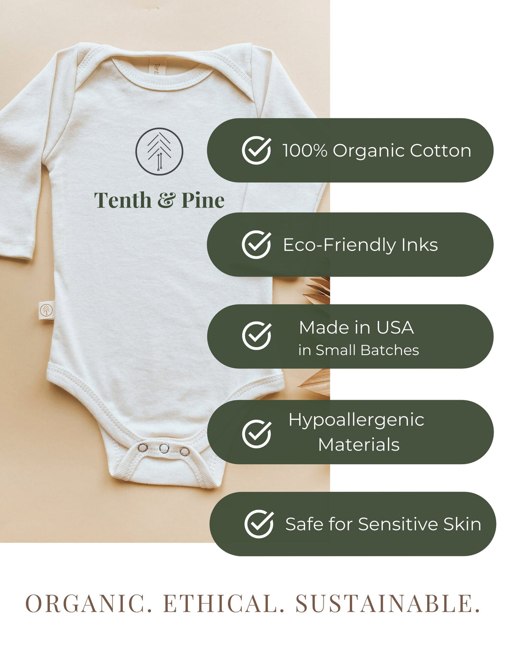 White baby onesie with Tenth & Pine branding and sustainability features on a beige background
