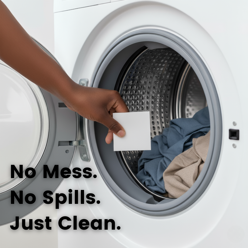 Hand reaching into a washing machine holding detergent square with text 'No Mess. No Spills. Just Clean.'
