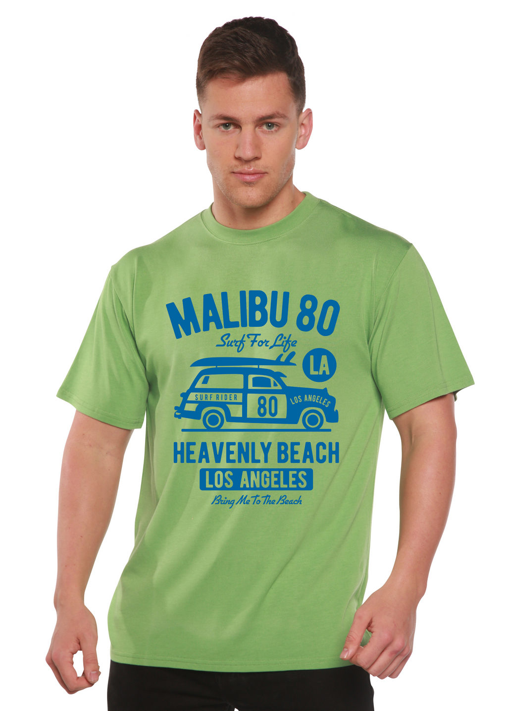Person wearing a green t-shirt with blue text and graphics on a white background
