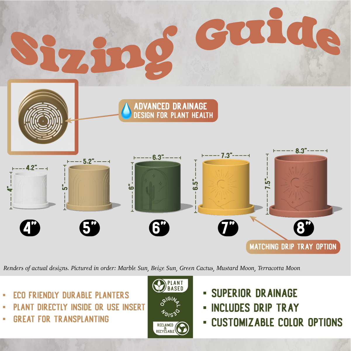 Sizing guide for planters with dimensions and features on a textured background