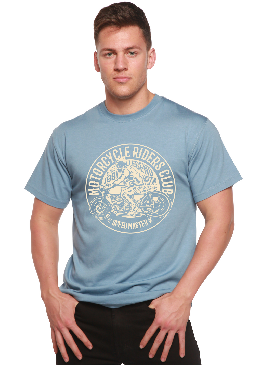Person wearing a light blue t-shirt with a motorcycle graphic and text.