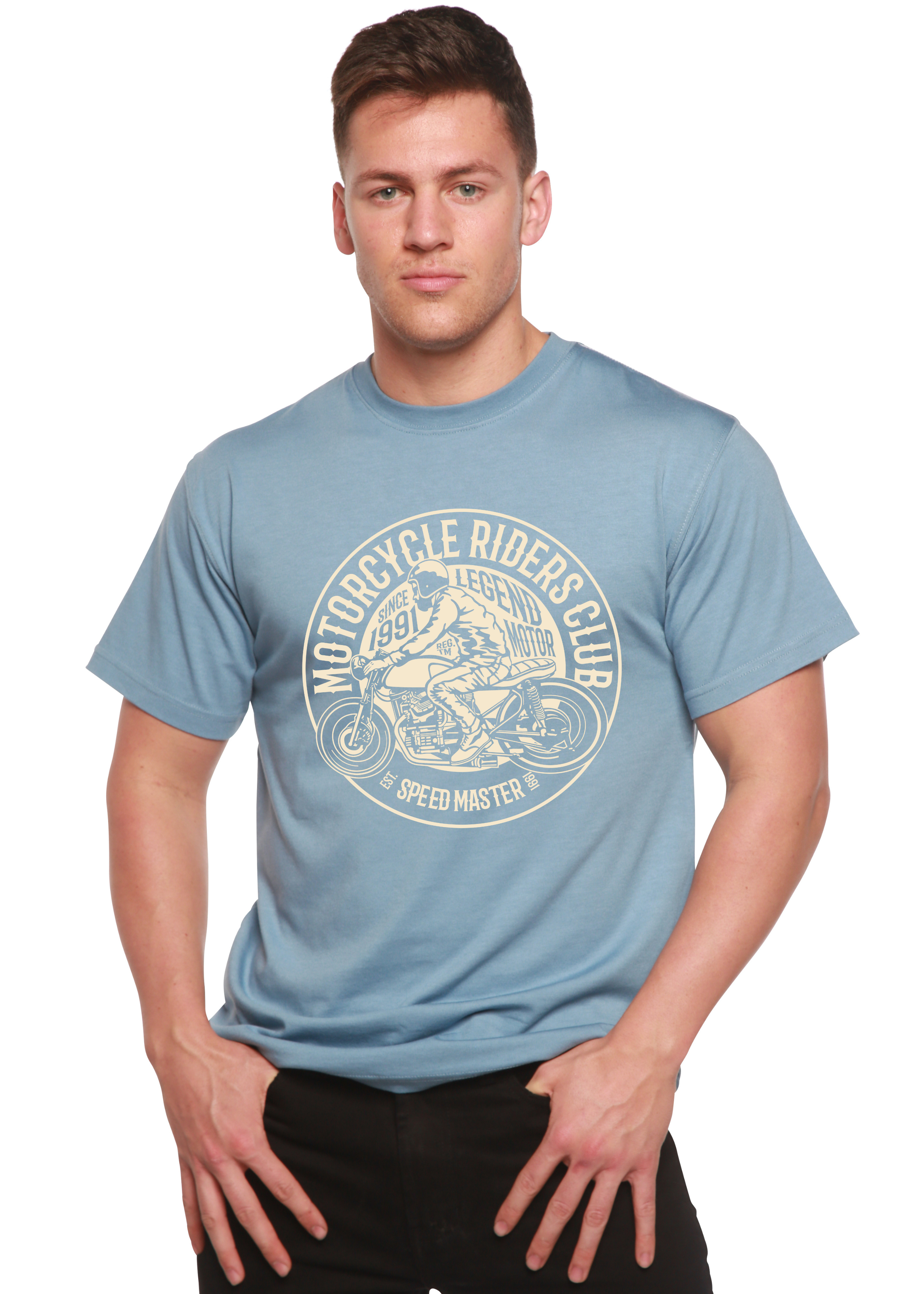 Person wearing a light blue t-shirt with a motorcycle graphic and text.