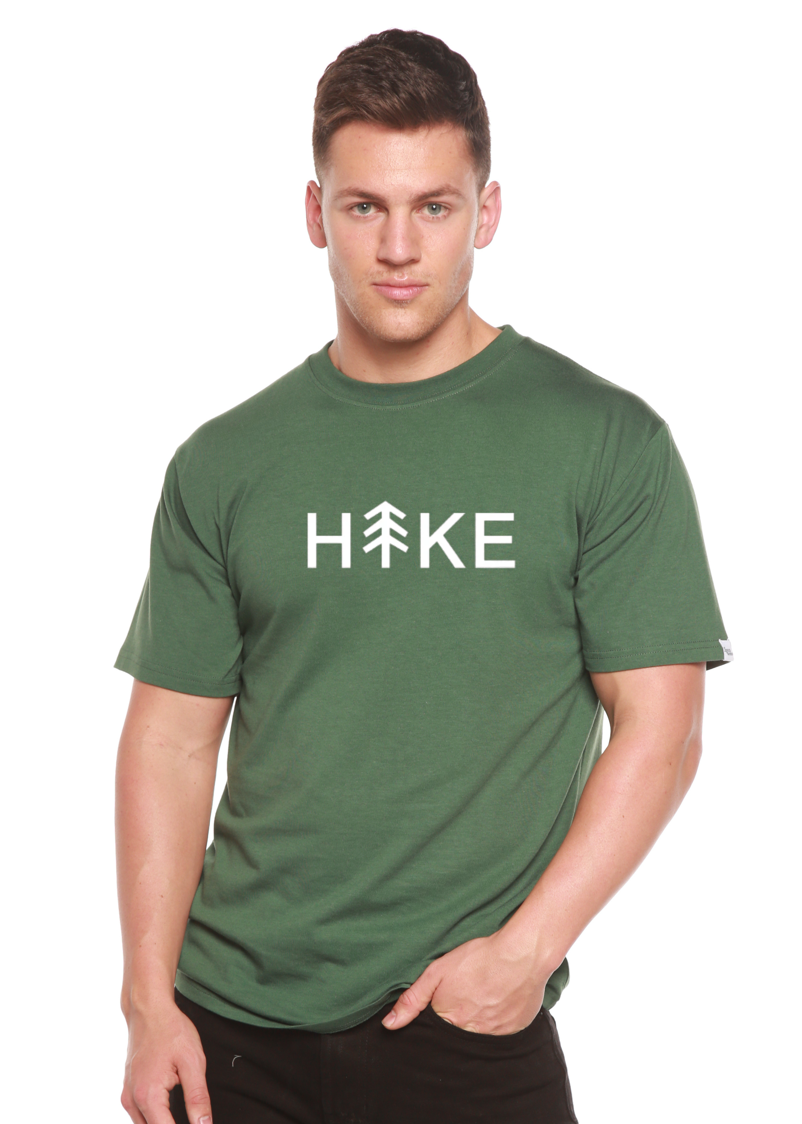 Person wearing a green t-shirt with 'Hike' printed on it against a white background